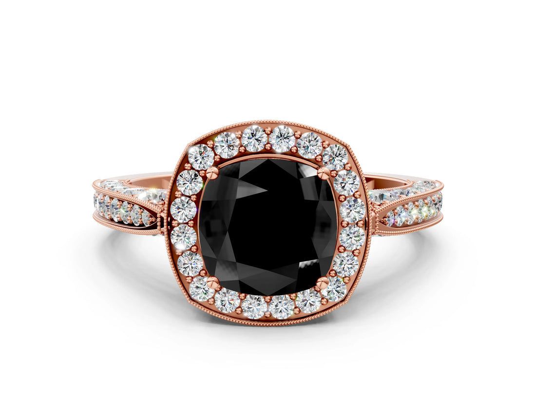 Rose gold Fancy Black Cushion Cut Halo Diamond Engagement Ring with Split Shank Band and Four-Prong Setting