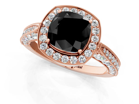 Rose gold Fancy Black Cushion Cut Halo Diamond Engagement Ring with Split Shank Band and Four-Prong Setting_1