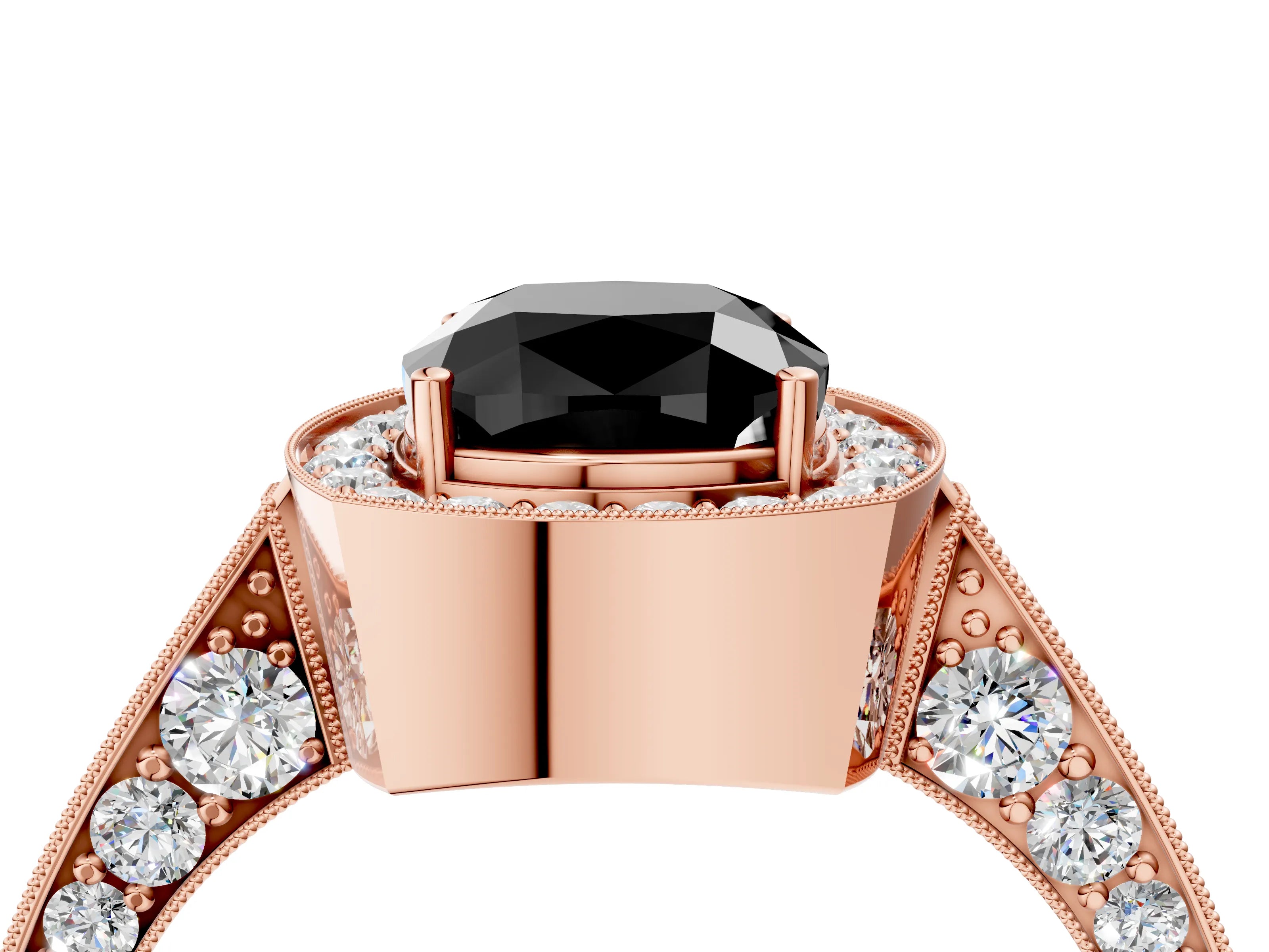 Rose gold Fancy Black Cushion Cut Halo Diamond Engagement Ring with Split Shank Band and Four-Prong Setting_4