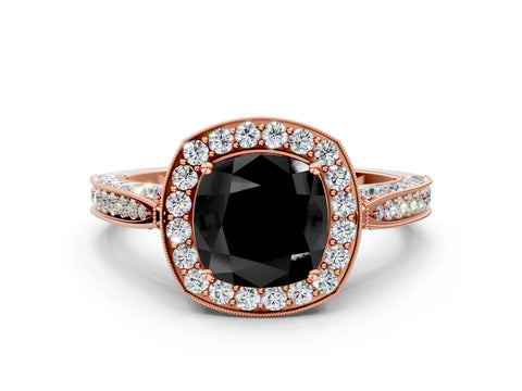 Rose gold Fancy Black Cushion Cut Halo Diamond Engagement Ring with Split Shank Band and Four-Prong Setting