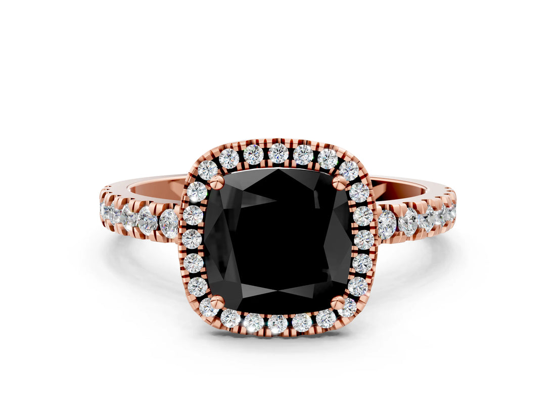 Rose gold Fancy Black Cushion Cut Halo Diamond Pave Band with Prong Setting