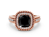 Rose gold Fancy Black Cushion Cut Halo Diamond Ring with Beaded Split Shank and Four-Prong Setting