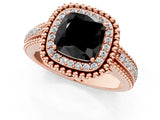 Rose gold Fancy Black Cushion Cut Halo Diamond Ring with Beaded Split Shank and Four-Prong Setting_1