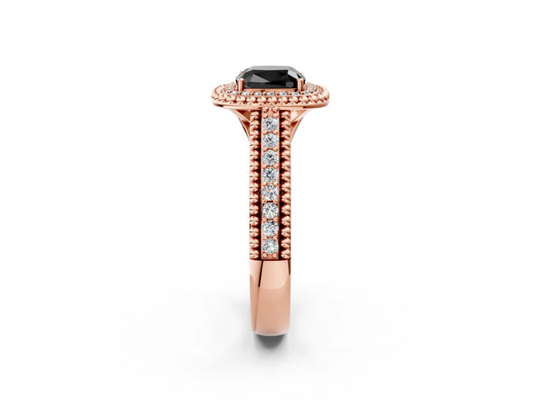 Rose Gold Cushion Cut Beaded Halo Engagement Ring Setting for Black Center with Pave