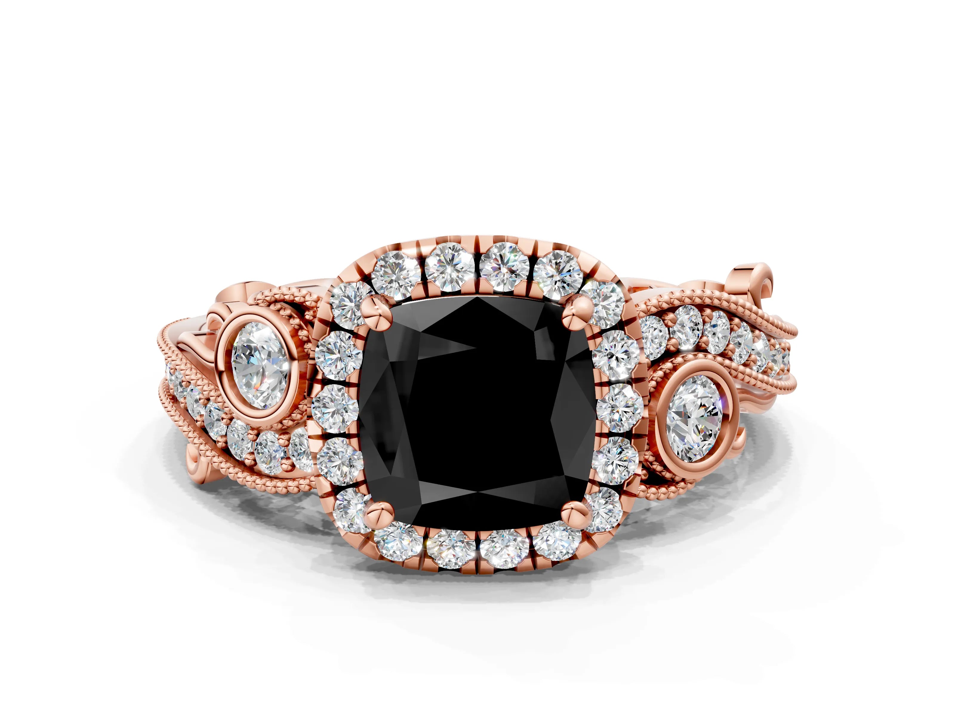 Rose gold Fancy Black Cushion Cut Halo Diamond Ring with Milgrain and Bezel Accents on a Split Shank Band