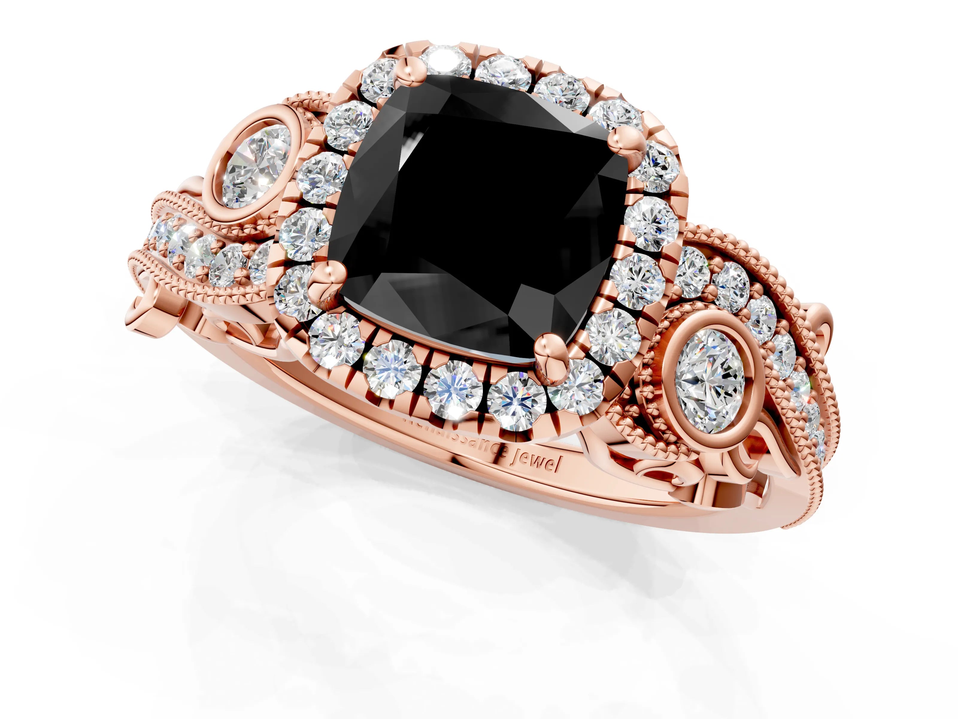 Rose gold Fancy Black Cushion Cut Halo Diamond Ring with Milgrain and Bezel Accents on a Split Shank Band_1