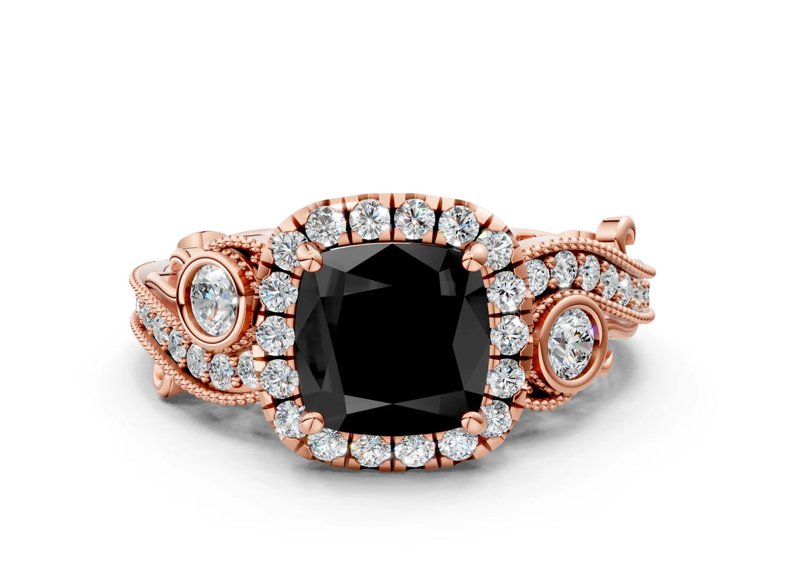 Rose gold Fancy Black Cushion Cut Halo Diamond Ring with Milgrain and Bezel Accents on a Split Shank Band_12