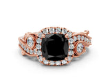 Rose gold Fancy Black Cushion Cut Halo Diamond Ring with Milgrain and Bezel Accents on a Split Shank Band_12