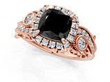 Rose gold Fancy Black Cushion Cut Halo Diamond Ring with Milgrain and Bezel Accents on a Split Shank Band_13