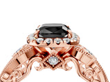 Rose gold Fancy Black Cushion Cut Halo Diamond Ring with Milgrain and Bezel Accents on a Split Shank Band_16
