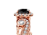 Rose gold Fancy Black Cushion Cut Halo Diamond Ring with Milgrain and Bezel Accents on a Split Shank Band_17
