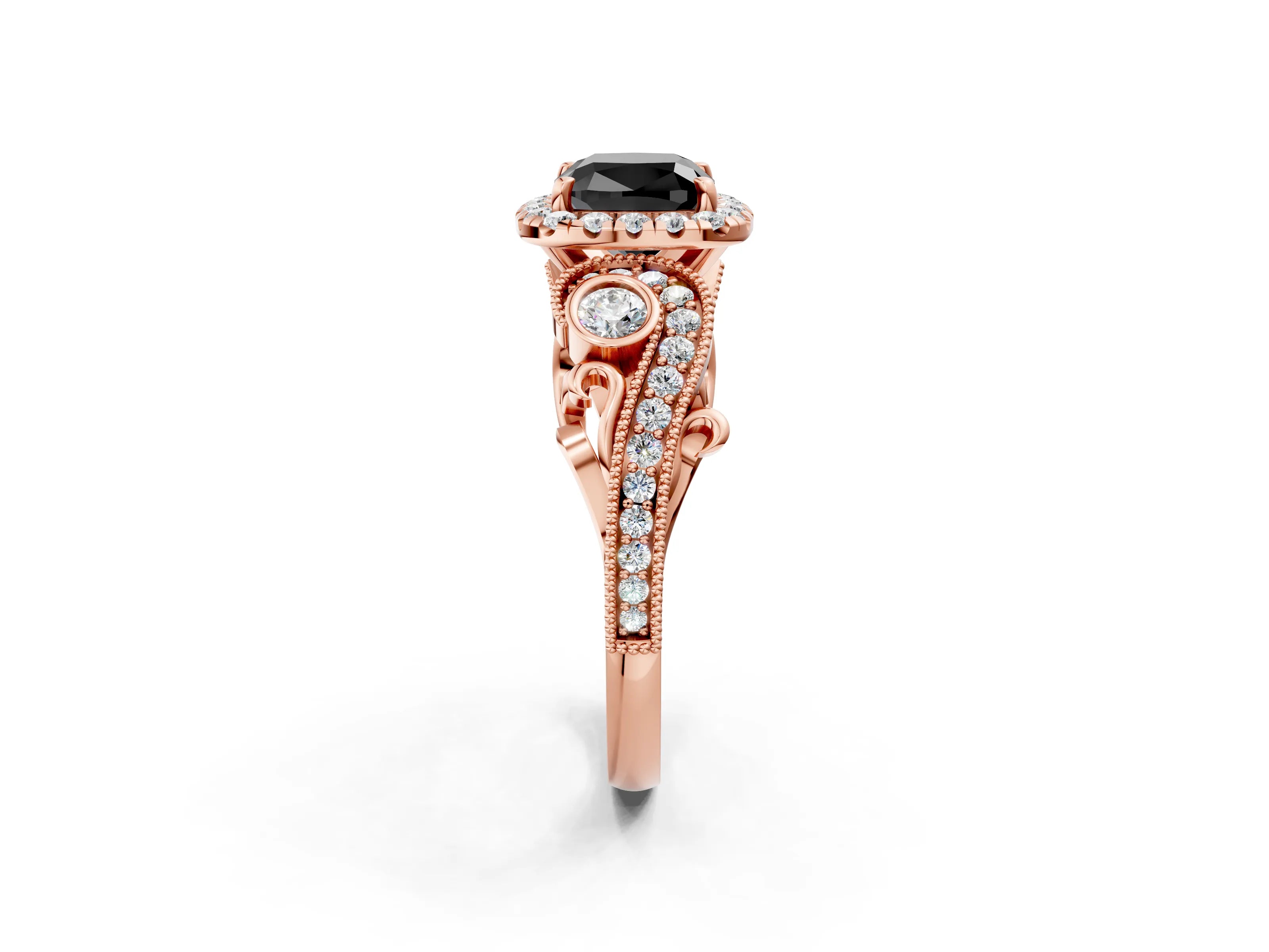 Rose gold Fancy Black Cushion Cut Halo Diamond Ring with Milgrain and Bezel Accents on a Split Shank Band_2
