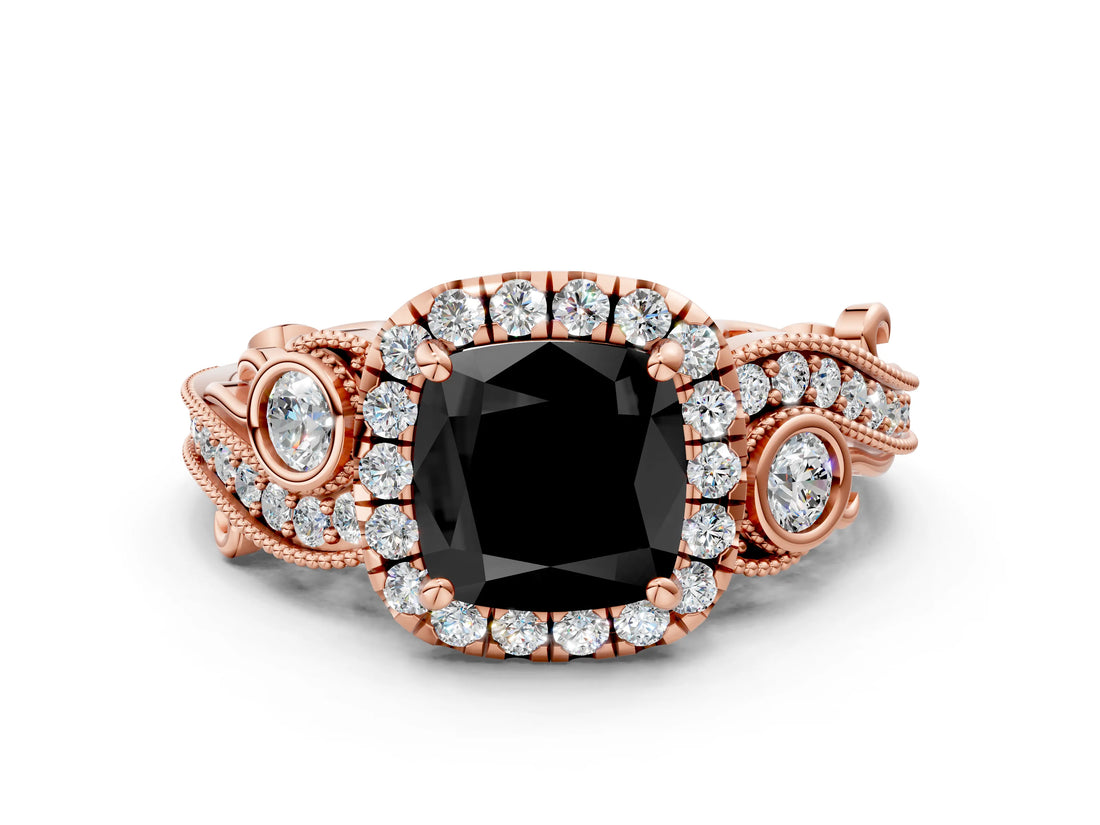 Rose gold Fancy Black Cushion Cut Halo Diamond Ring with Milgrain and Bezel Accents on a Split Shank Band_24