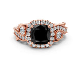 Rose gold Fancy Black Cushion Cut Halo Diamond Ring with Milgrain and Bezel Accents on a Split Shank Band_24