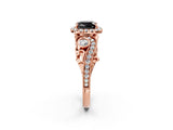 Rose gold Fancy Black Cushion Cut Halo Diamond Ring with Milgrain and Bezel Accents on a Split Shank Band_26