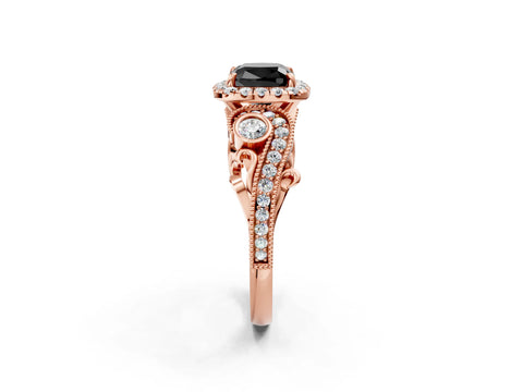 Rose gold Fancy Black Cushion Cut Halo Diamond Ring with Milgrain and Bezel Accents on a Split Shank Band_2