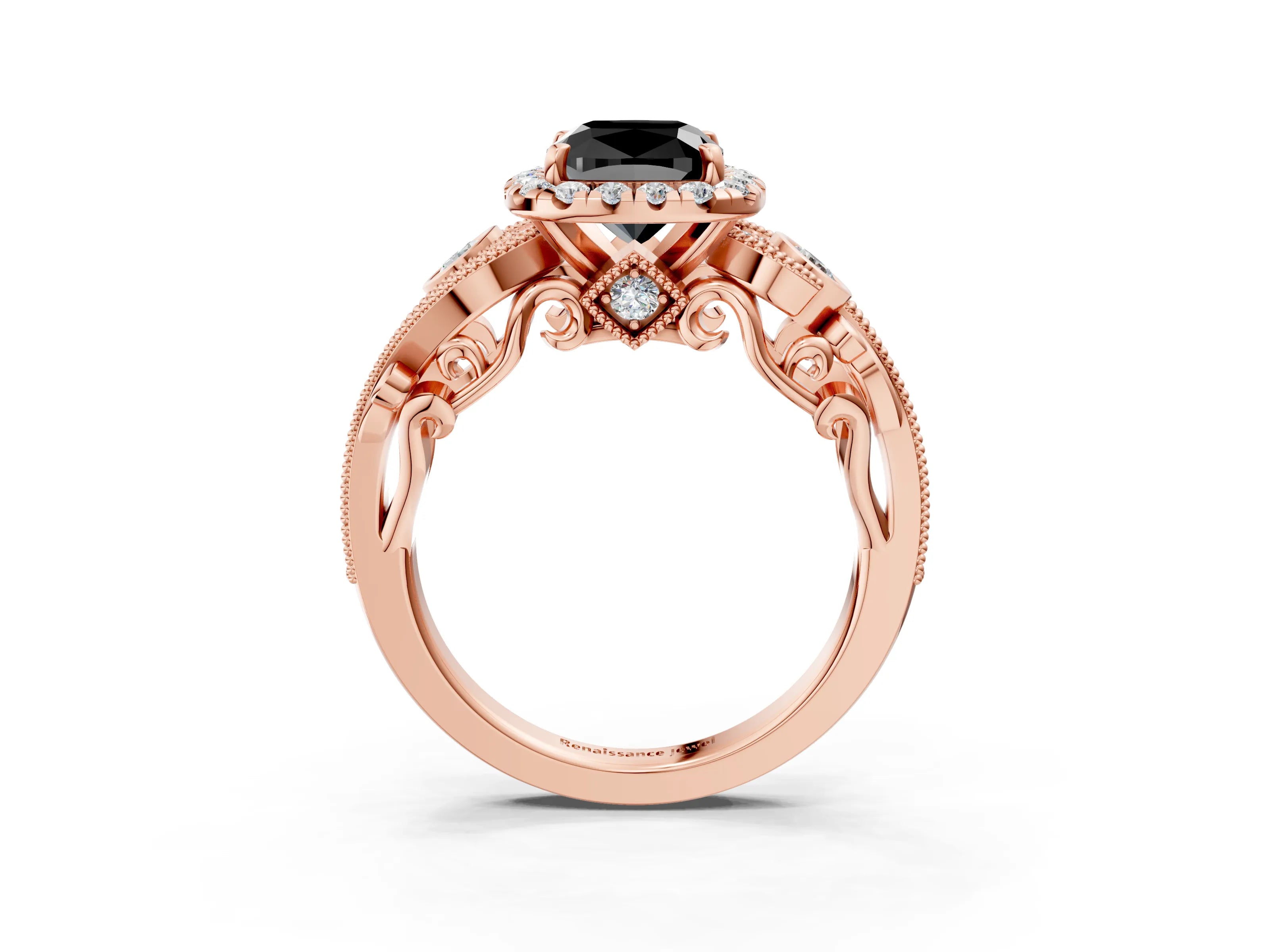 Rose gold Fancy Black Cushion Cut Halo Diamond Ring with Milgrain and Bezel Accents on a Split Shank Band_3