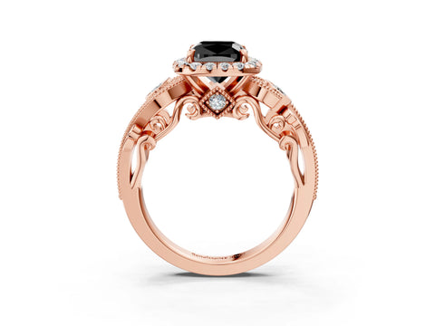 Rose gold Fancy Black Cushion Cut Halo Diamond Ring with Milgrain and Bezel Accents on a Split Shank Band_3