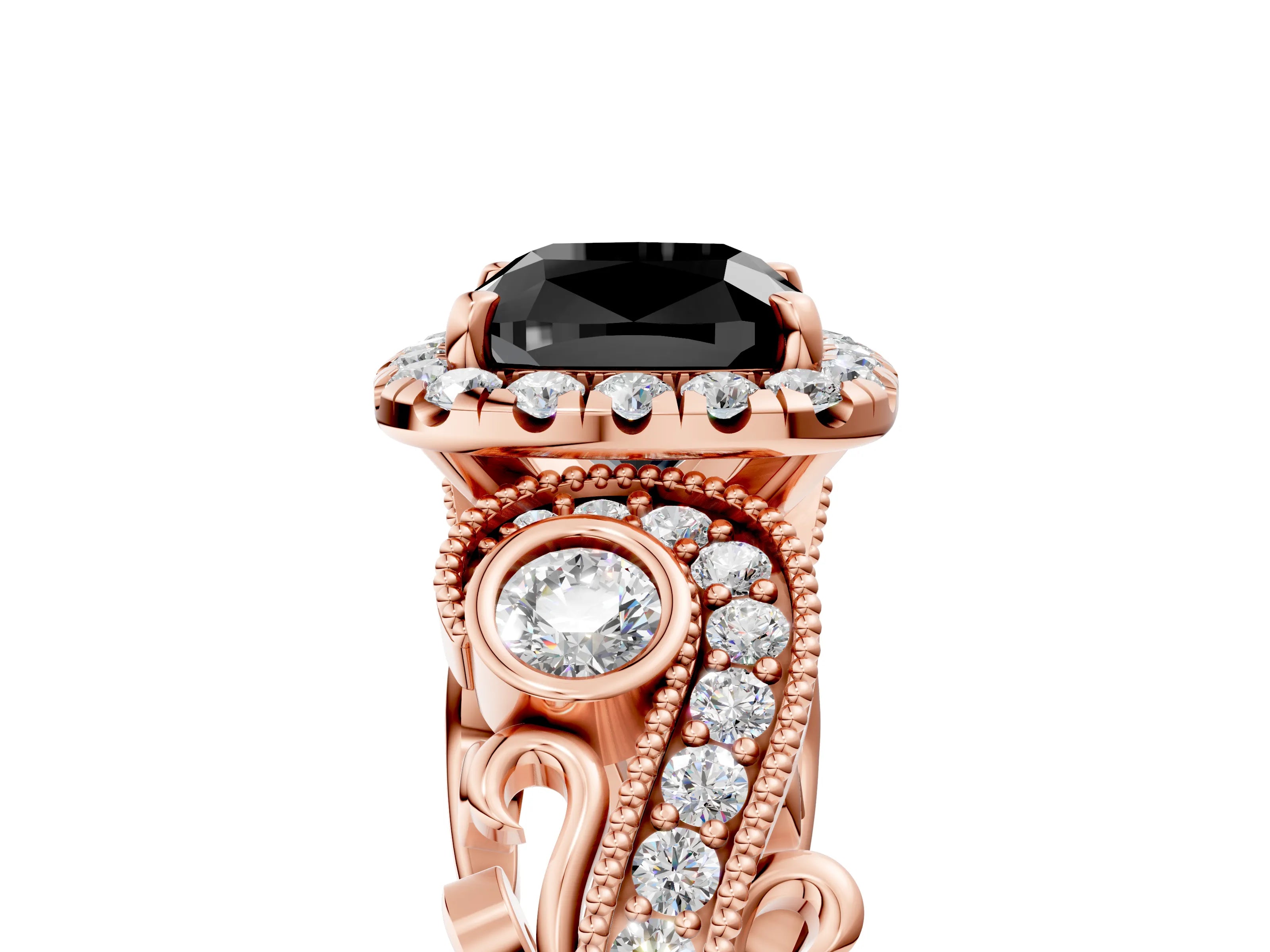 Rose gold Fancy Black Cushion Cut Halo Diamond Ring with Milgrain and Bezel Accents on a Split Shank Band_5
