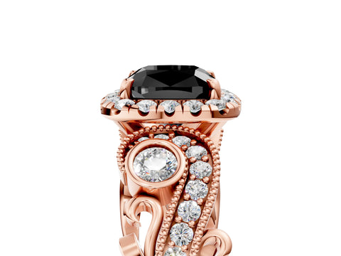 Rose gold Fancy Black Cushion Cut Halo Diamond Ring with Milgrain and Bezel Accents on a Split Shank Band_5