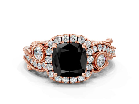 Rose gold Fancy Black Cushion Cut Halo Diamond Ring with Milgrain and Bezel Accents on a Split Shank Band