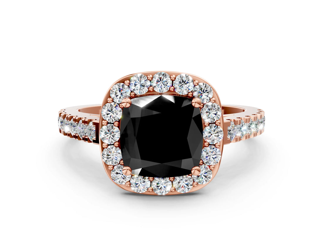 Rose gold Fancy Black Cushion Cut Halo Diamond Ring with Pavé Band and Three-Prong Setting