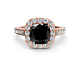 Rose gold Fancy Black Cushion Cut Halo Diamond Ring with Pavé Band and Three-Prong Setting