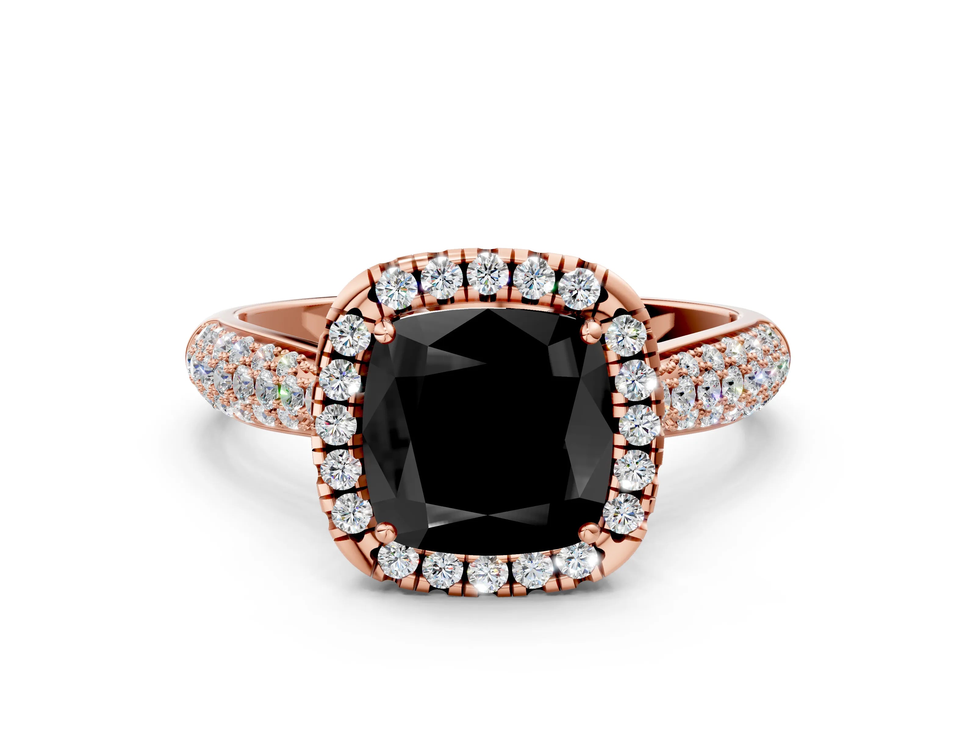 Rose gold Fancy Black Cushion Cut Halo Diamond Ring with Pavé Band