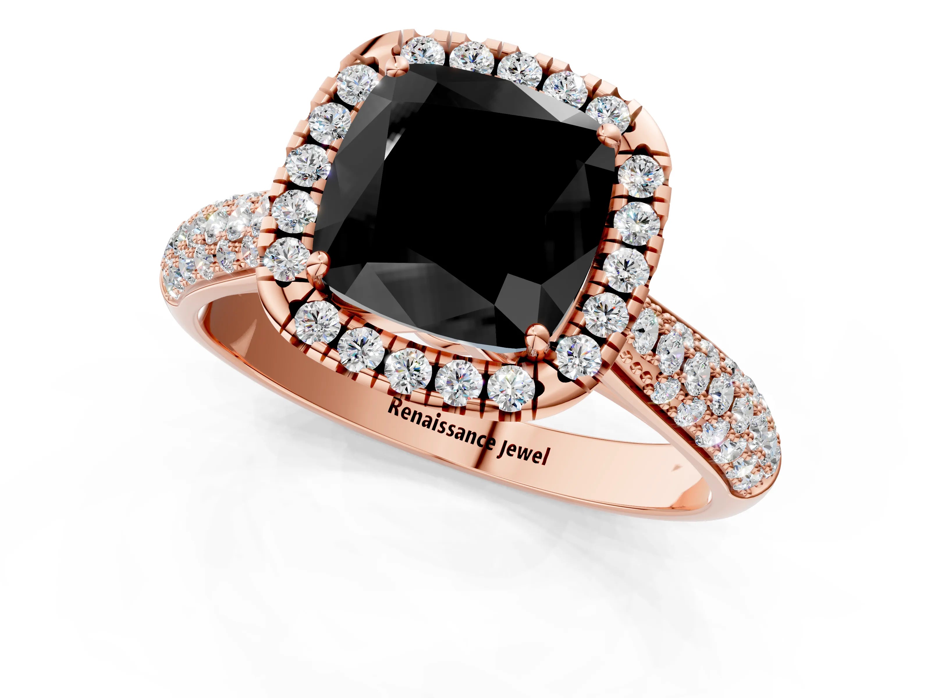 Rose gold Fancy Black Cushion Cut Halo Diamond Ring with Pavé Band_1