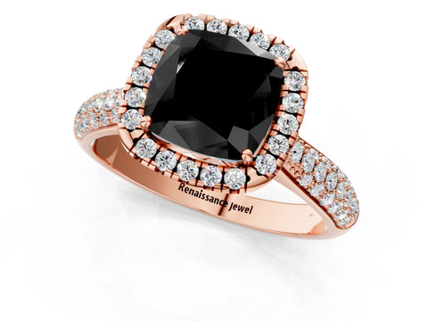 Rose gold Fancy Black Cushion Cut Halo Diamond Ring with Pavé Band_1