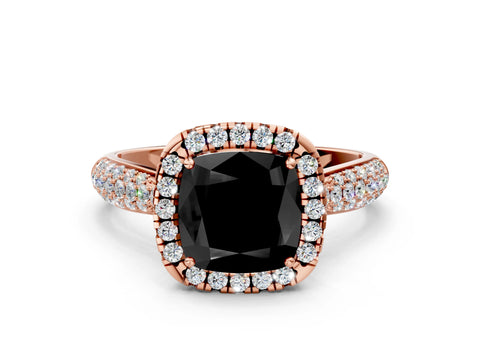 Rose gold Fancy Black Cushion Cut Halo Diamond Ring with Pavé Band