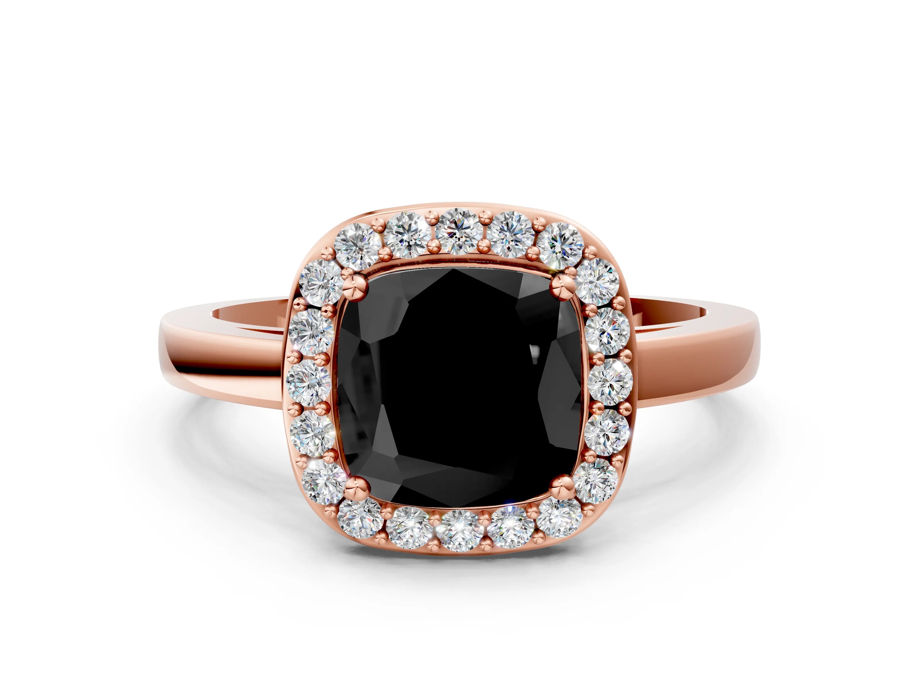 Rose gold Fancy Black Cushion Cut Halo Diamond Ring with Solitaire Band and Prong Setting