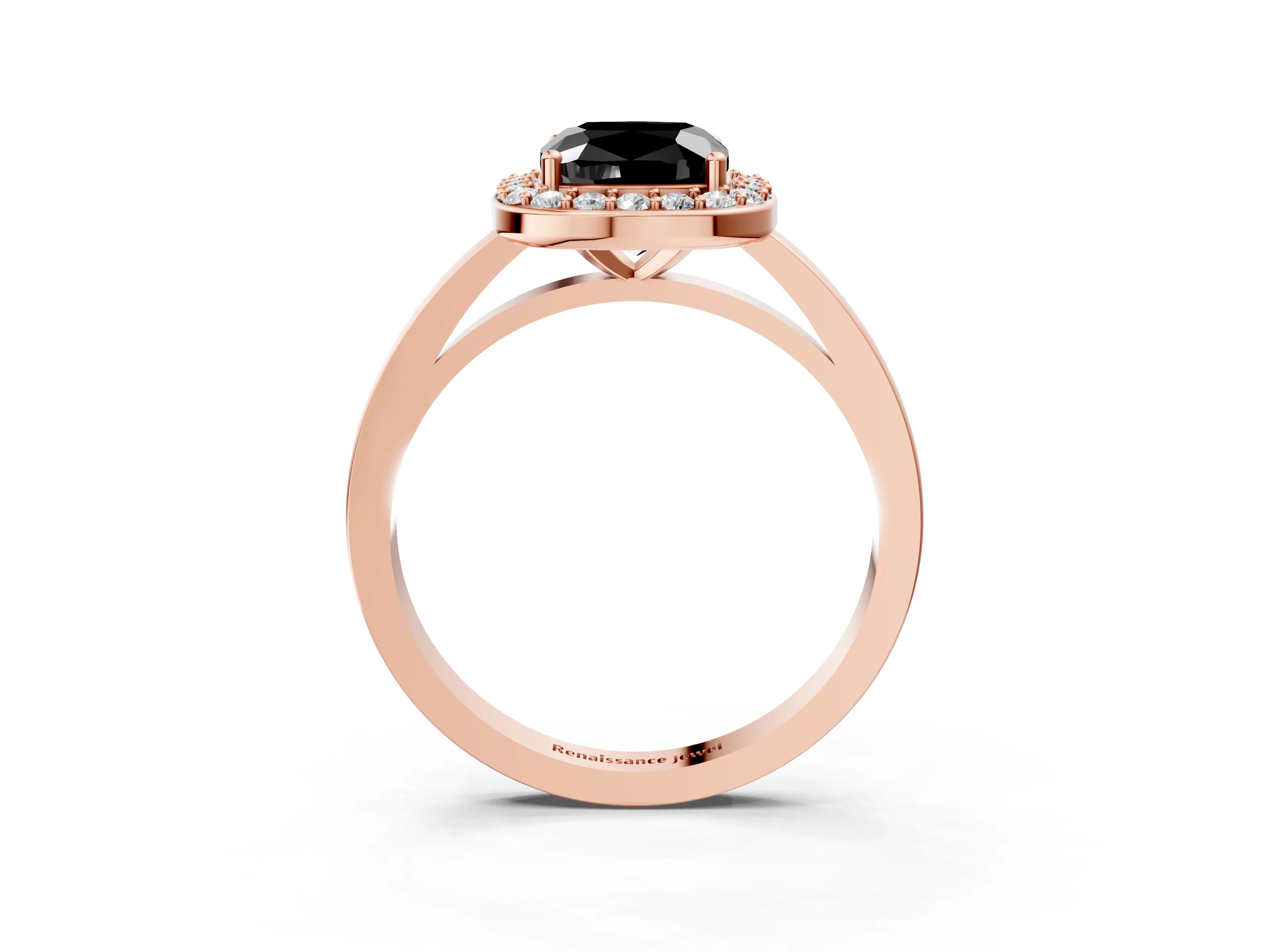 Rose gold Fancy Black Cushion Cut Halo Diamond Ring with Solitaire Band and Prong Setting_3
