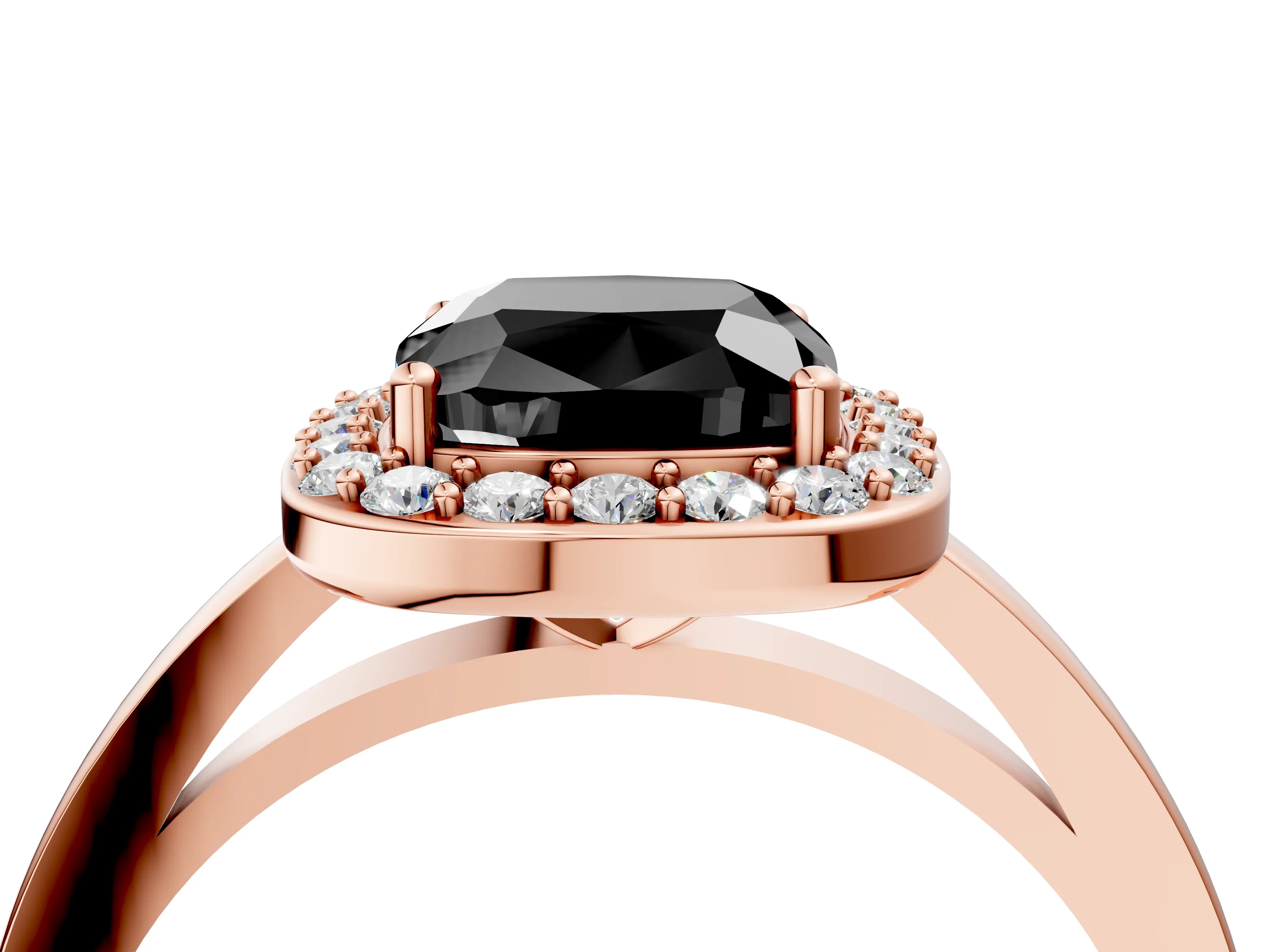 Rose gold Fancy Black Cushion Cut Halo Diamond Ring with Solitaire Band and Prong Setting_4