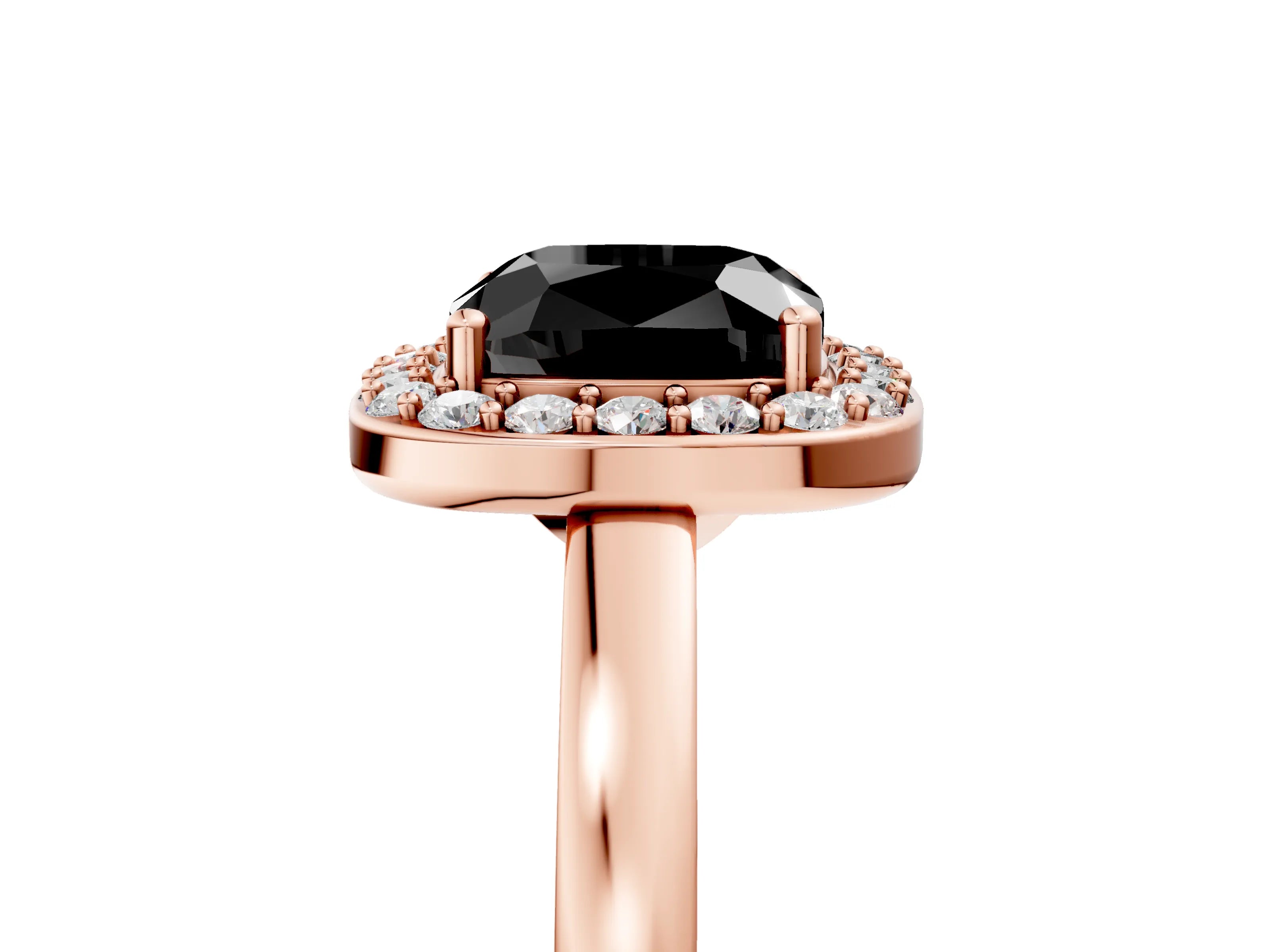 Rose gold Fancy Black Cushion Cut Halo Diamond Ring with Solitaire Band and Prong Setting_5