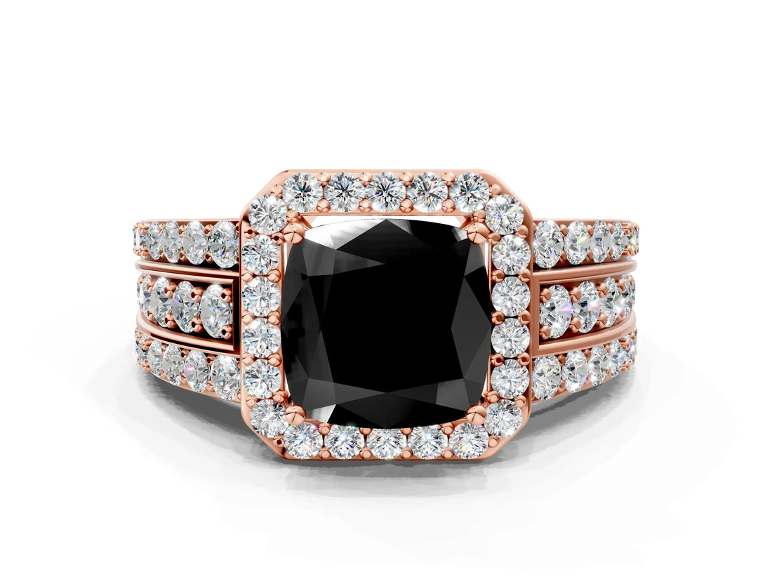 Rose gold Fancy Black Cushion Cut Halo Diamond Ring with Split Shank and Four-Prong Setting