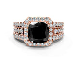 Rose gold Fancy Black Cushion Cut Halo Diamond Ring with Split Shank and Four-Prong Setting