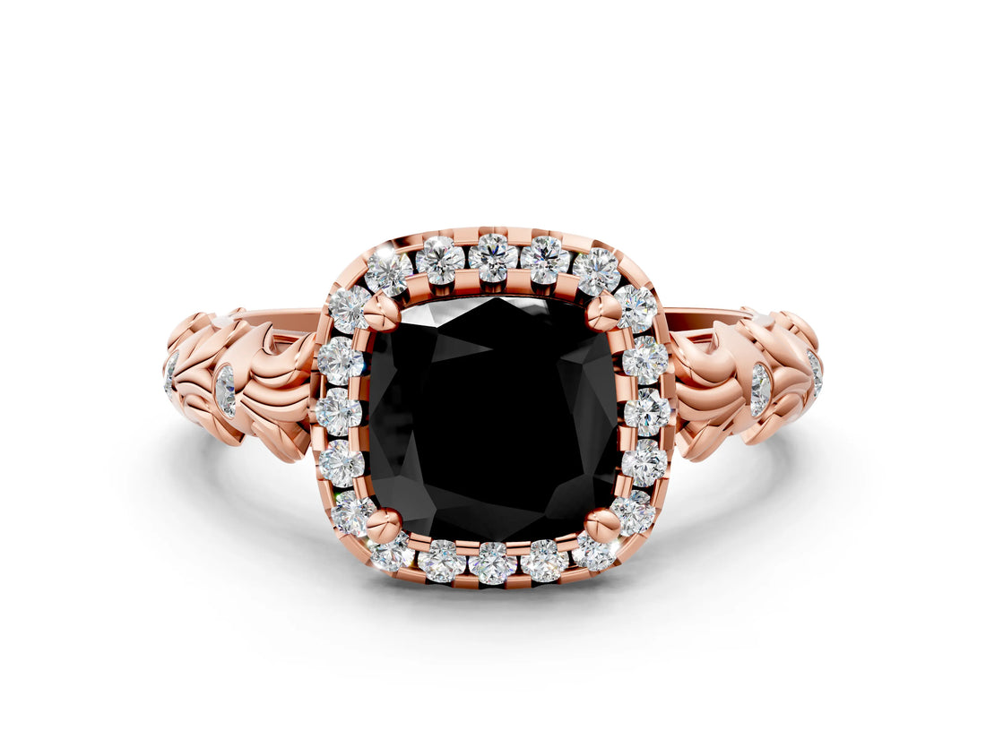 Rose gold Fancy Black Cushion Cut Halo Diamond Solitaire with Filigree Band and Four-Prong Setting