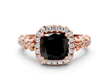 Rose gold Fancy Black Cushion Cut Halo Diamond Solitaire with Filigree Band and Four-Prong Setting