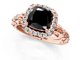 Rose gold Fancy Black Cushion Cut Halo Diamond Solitaire with Filigree Band and Four-Prong Setting_1