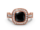 Rose gold Fancy Black Cushion Cut Halo Diamond Split Shank Pave Ring