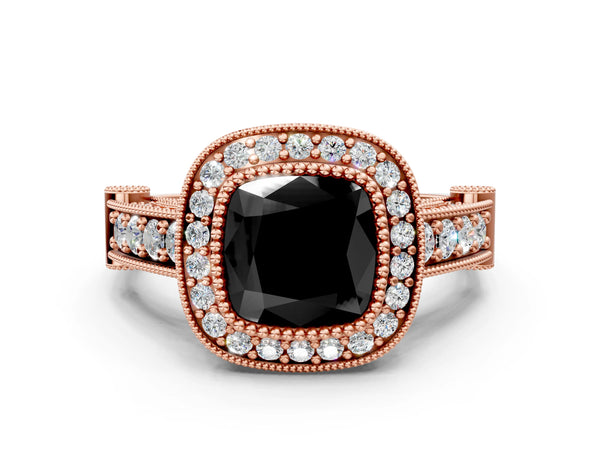 Rose Gold Cushion Cut Vintage Bezel Halo Engagement Ring Setting for Black Center