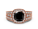 Rose gold Fancy Black Cushion Cut Halo Diamond Split Shank Ring with Prong Setting