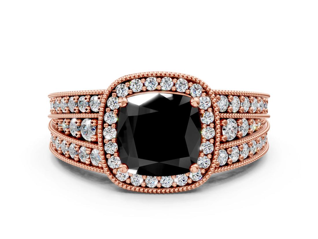 Rose gold Fancy Black Cushion Cut Halo Diamond Split Shank Ring with Prong Setting_6