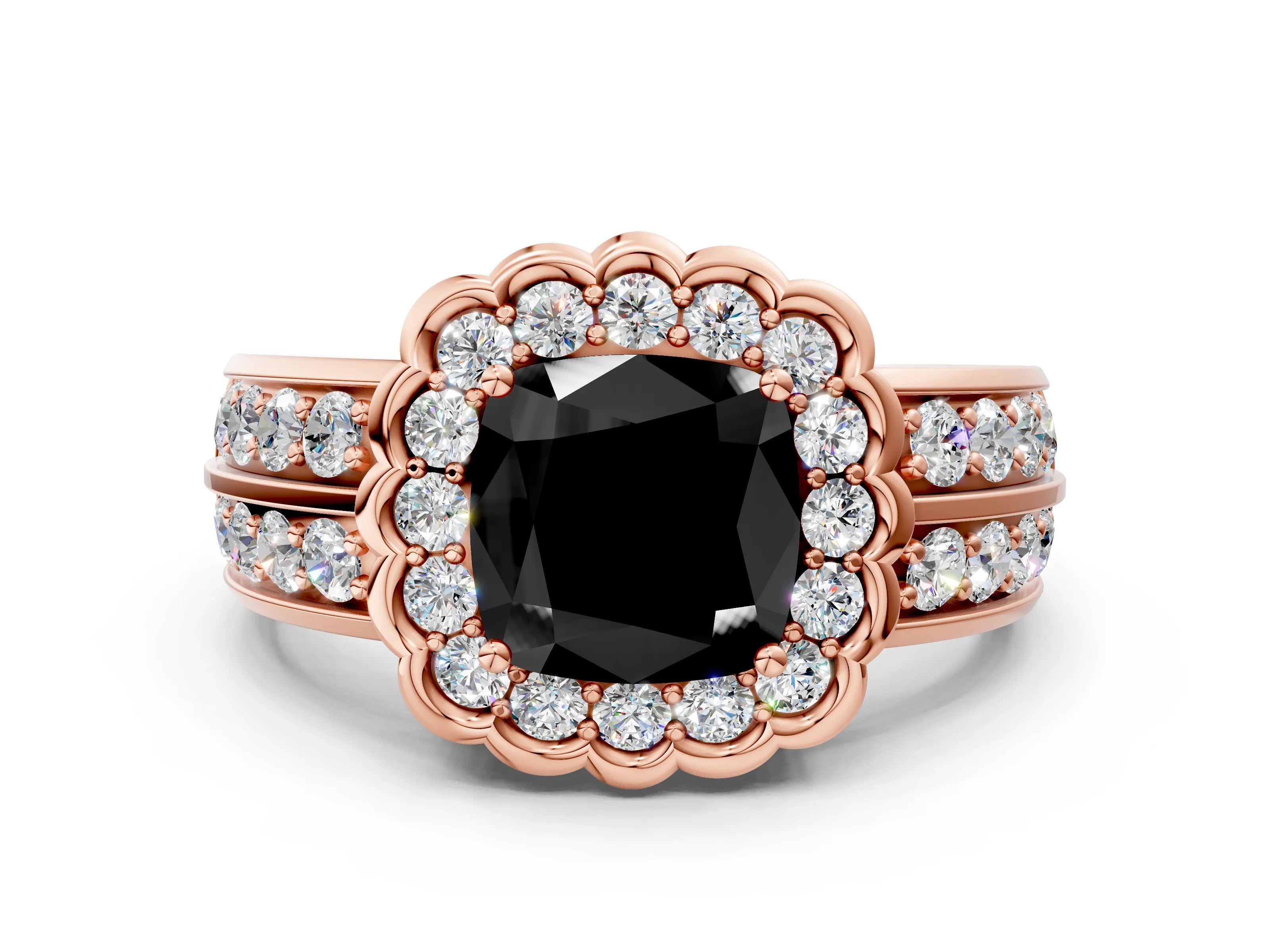 Rose gold Fancy Black Cushion Cut Halo Diamond Split Shank Ring with Scalloped Prong Setting