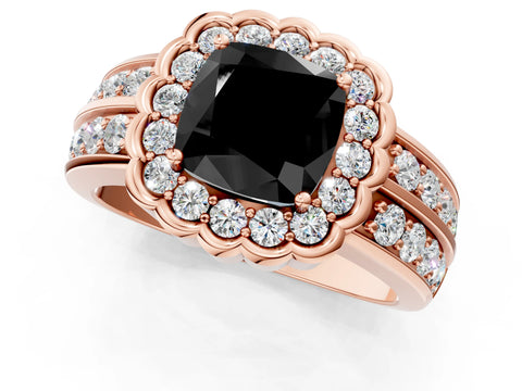 Rose gold Fancy Black Cushion Cut Halo Diamond Split Shank Ring with Scalloped Prong Setting_1