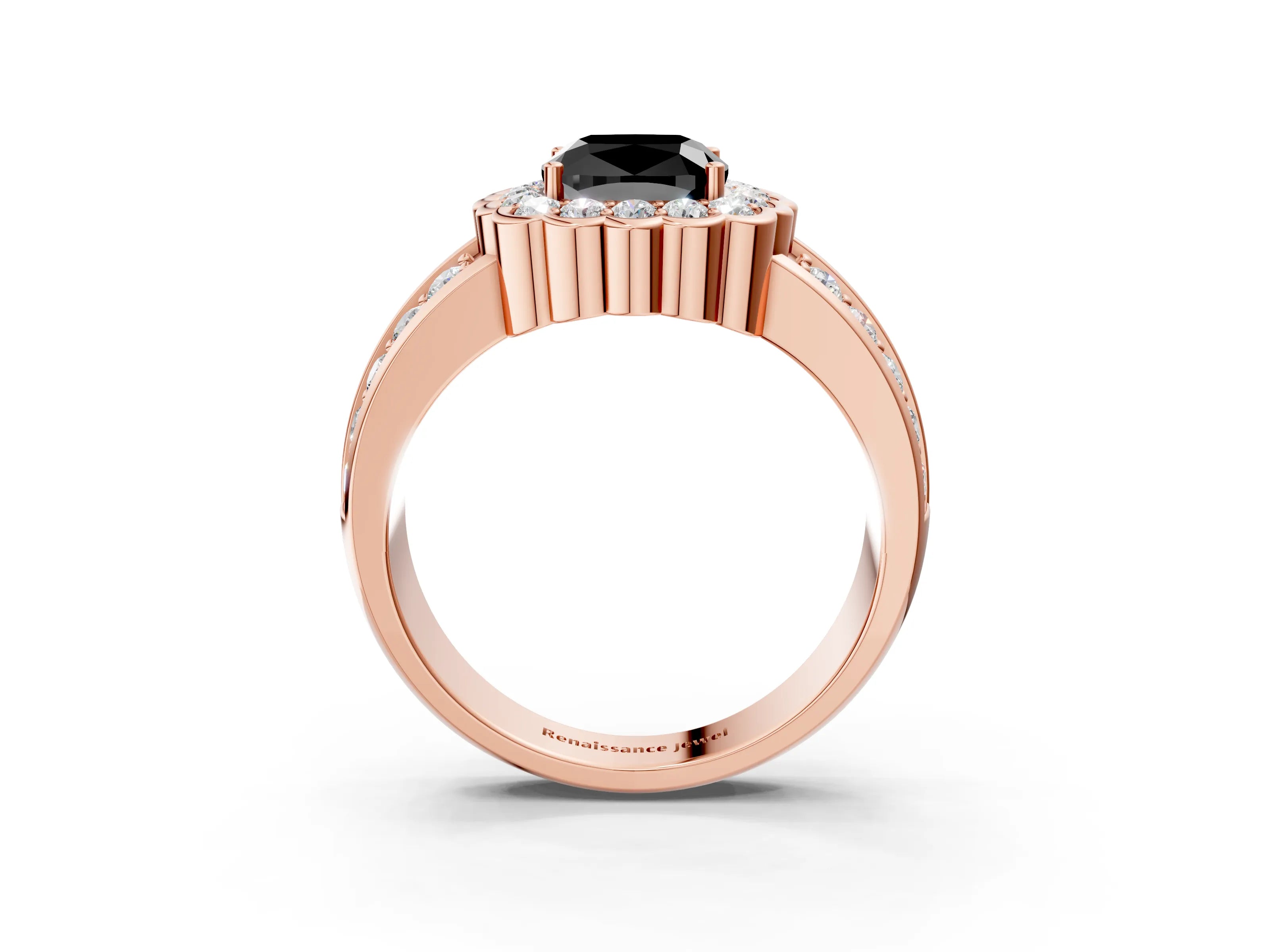 Rose gold Fancy Black Cushion Cut Halo Diamond Split Shank Ring with Scalloped Prong Setting_3