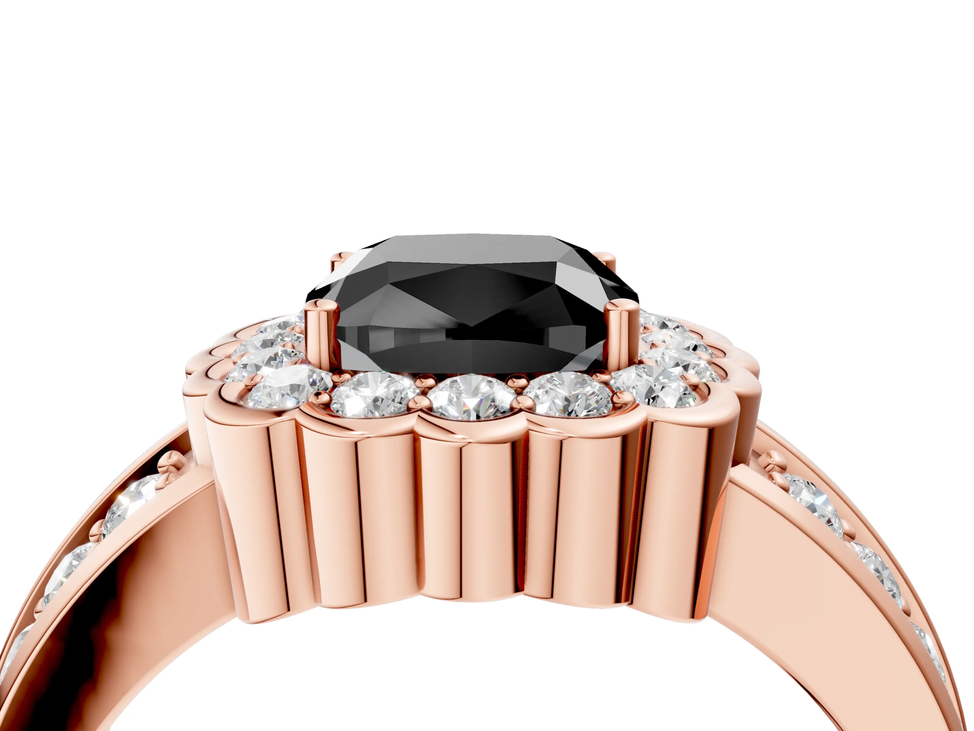 Rose gold Fancy Black Cushion Cut Halo Diamond Split Shank Ring with Scalloped Prong Setting_4
