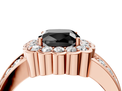 Rose gold Fancy Black Cushion Cut Halo Diamond Split Shank Ring with Scalloped Prong Setting_4