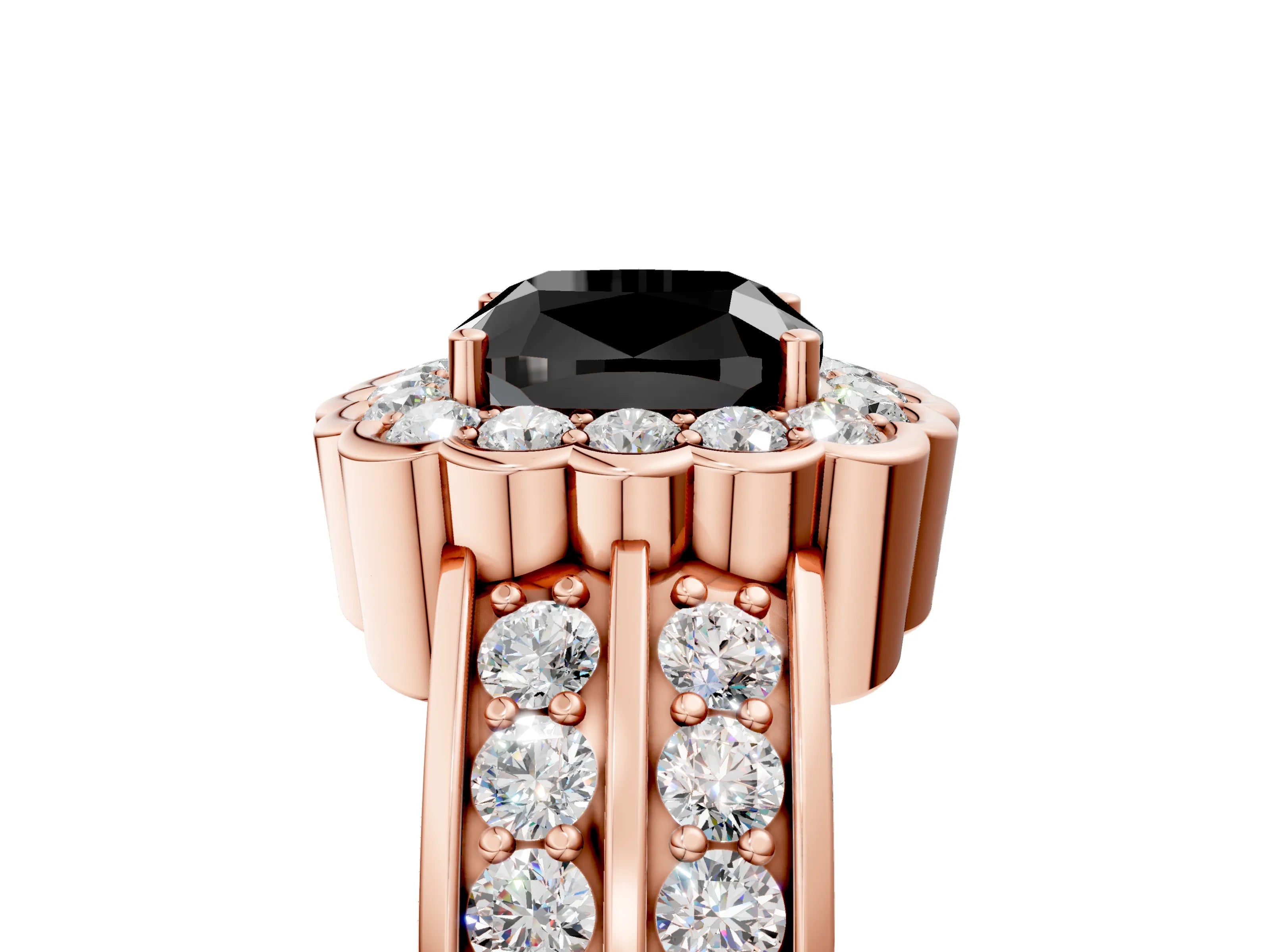 Rose gold Fancy Black Cushion Cut Halo Diamond Split Shank Ring with Scalloped Prong Setting_5